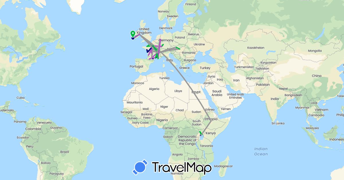 TravelMap itinerary: driving, bus, plane, train in Austria, Switzerland, Germany, Ethiopia, France, Hungary, Ireland, Slovakia, Uganda (Africa, Europe)