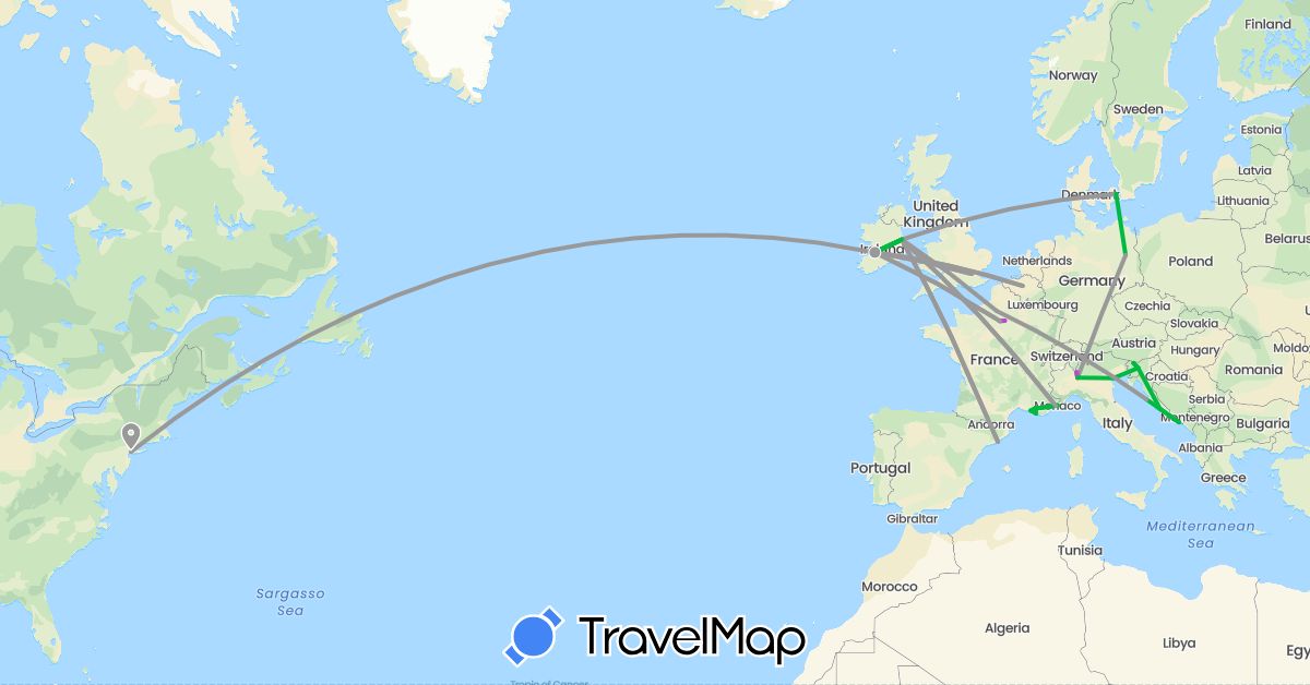 TravelMap itinerary: driving, bus, plane, train in Belgium, Germany, Denmark, Spain, France, United Kingdom, Croatia, Ireland, Italy, Monaco, Slovenia, United States (Europe, North America)